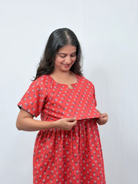Peach Floral Printed Kantha Cotton Buttonless Zipless Short Maternity Nighty | Free Size |