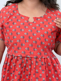 Peach Floral Printed Kantha Cotton Buttonless Zipless Short Maternity Nighty | Free Size |