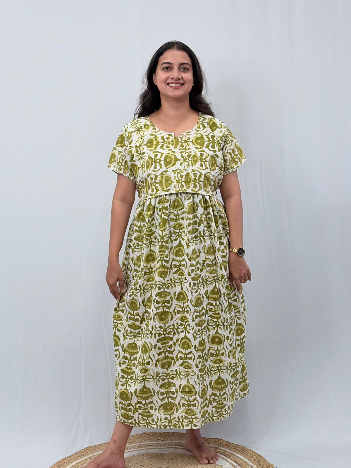 Green Floral Printed Kantha Cotton Buttonless Zipless Short Maternity Nighty | Free Size |