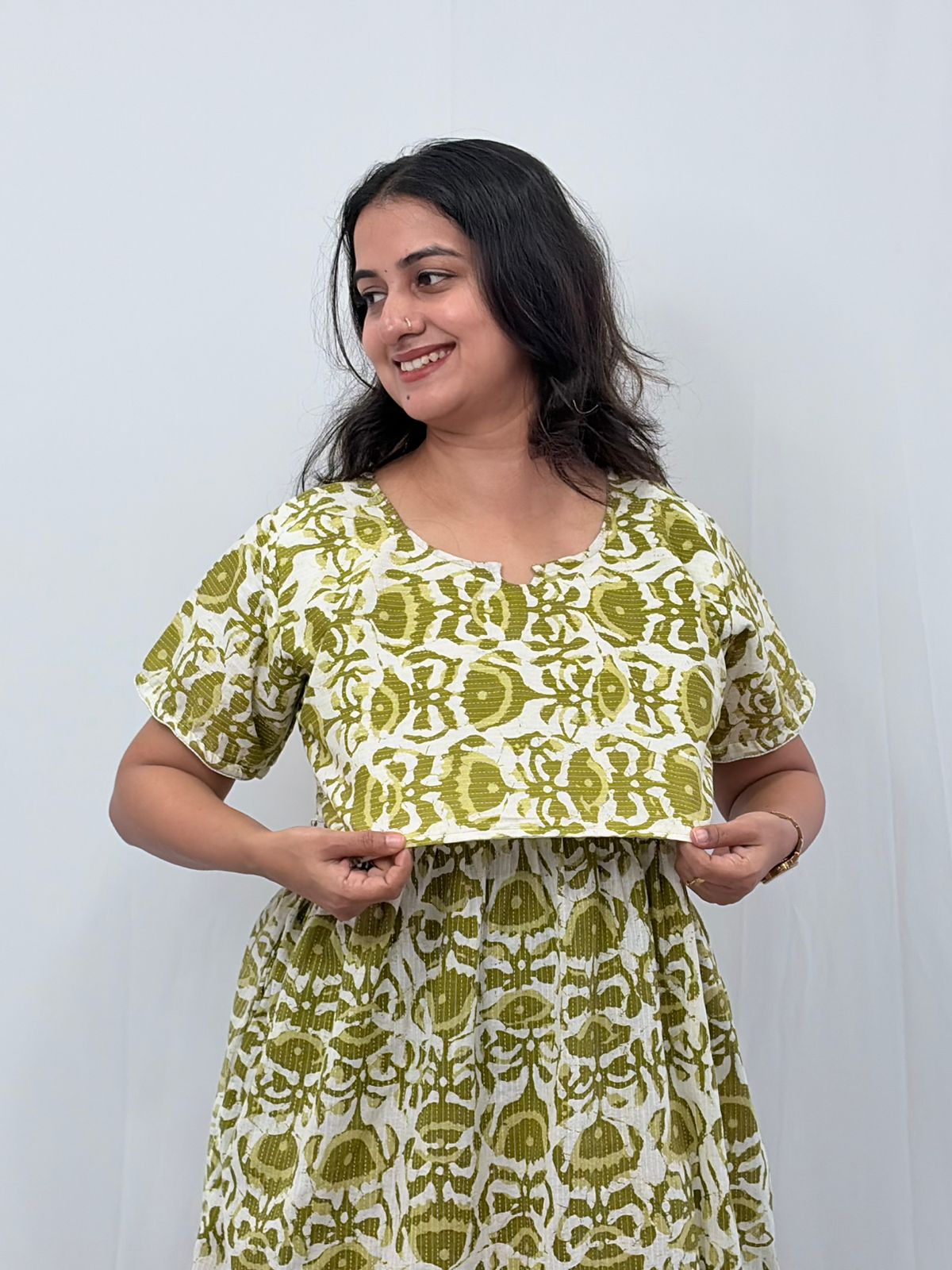 Green Floral Printed Kantha Cotton Buttonless Zipless Short Maternity Nighty | Free Size |