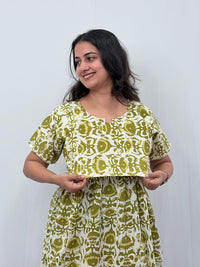 Green Floral Printed Kantha Cotton Buttonless Zipless Short Maternity Nighty | Free Size |