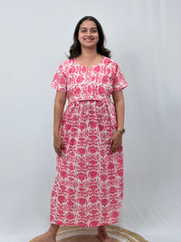 Peach And White Floral Printed Kantha Cotton Buttonless Zipless Short Maternity Nighty | Free Size |