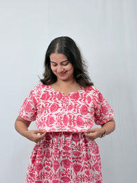 Peach And White Floral Printed Kantha Cotton Buttonless Zipless Short Maternity Nighty | Free Size |