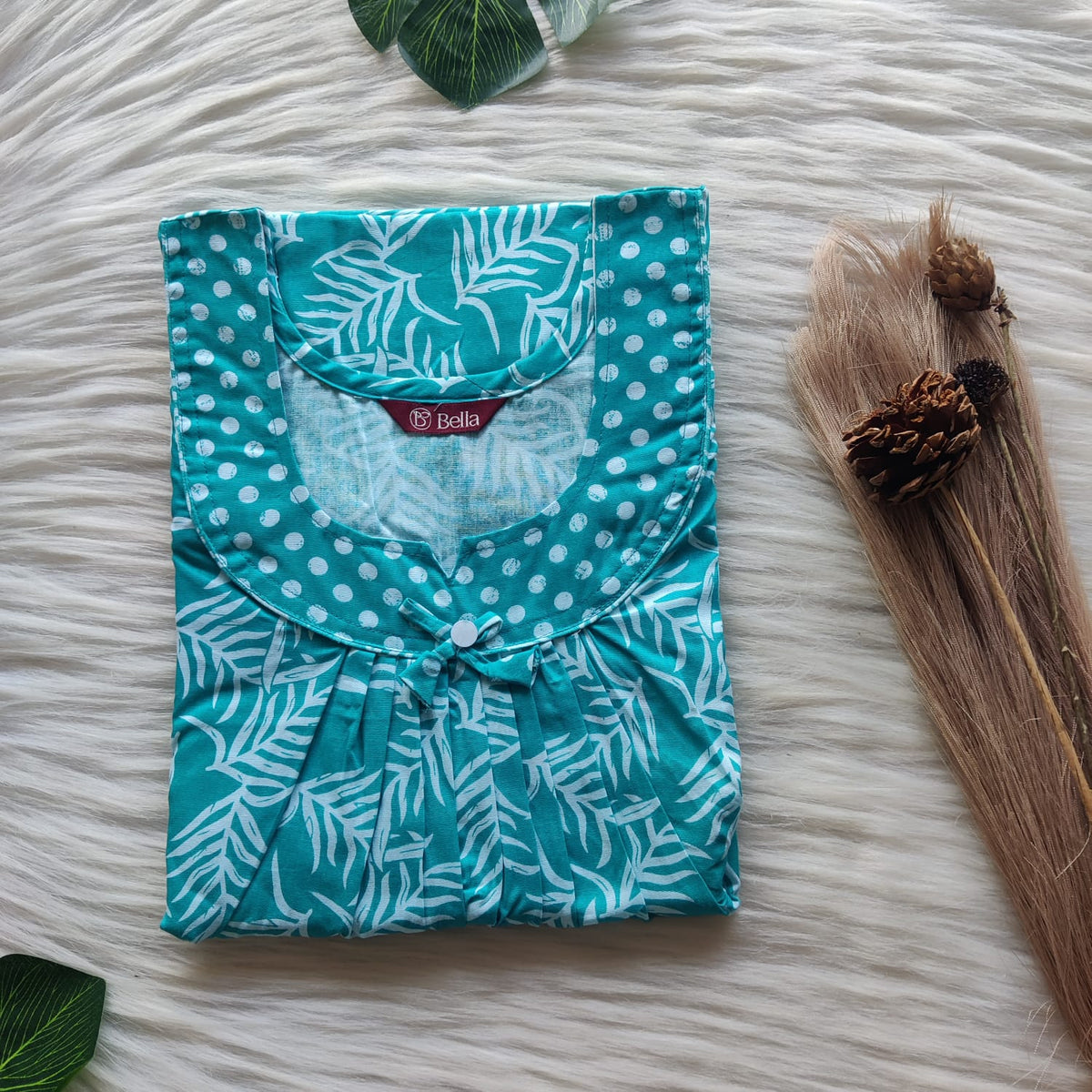 White And Aqua Blue Printed Premium Cotton No Zip Pleated Nighty | Free Size | Chest Width 44″| Length 55″-56″