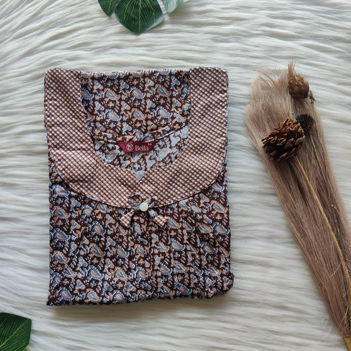 Brown And Grey Kalamkari Printed Premium Cotton No Zip Pleated Nighty | Free Size | Chest Width 44″| Length 55″-56″
