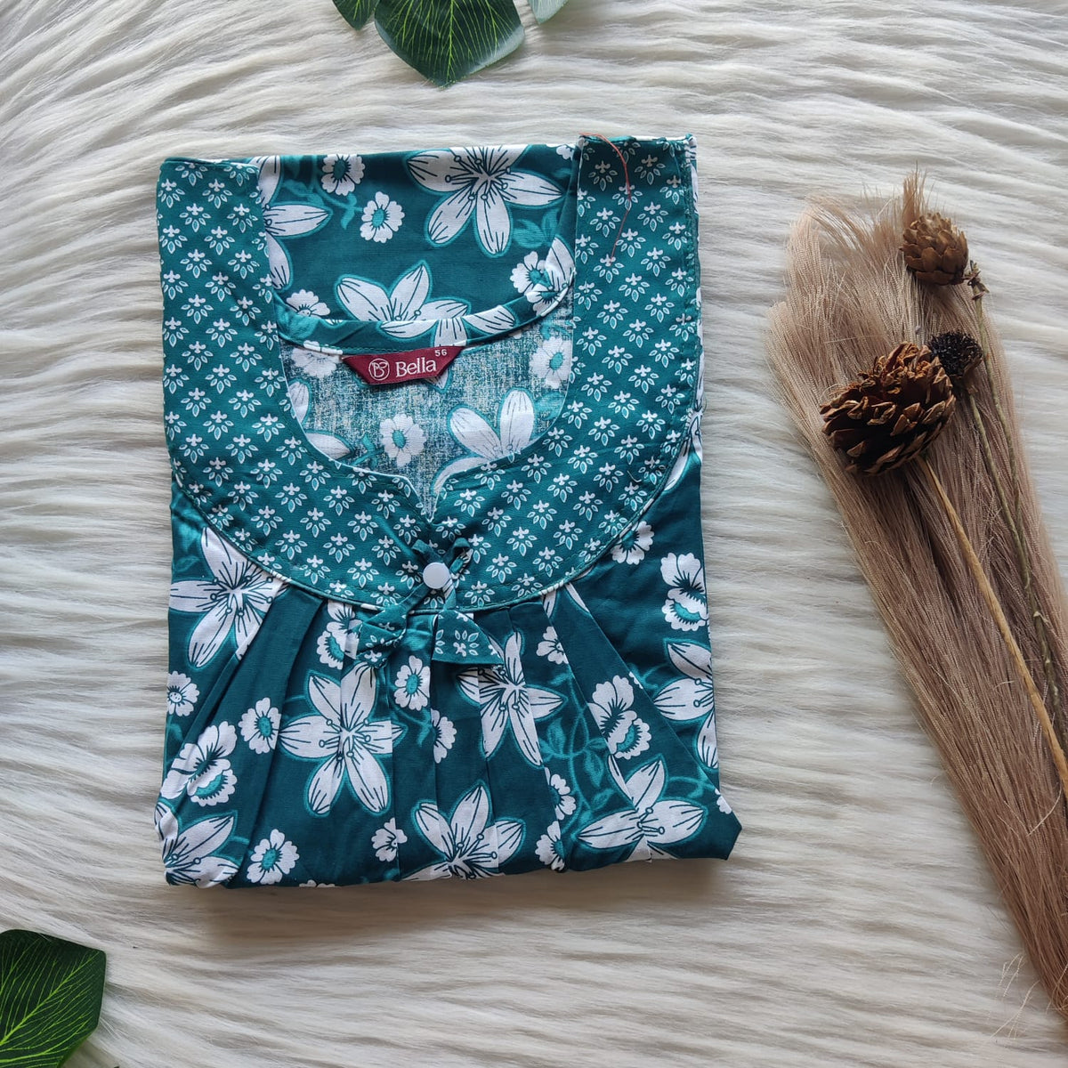 Green And White Floral Printed Premium Cotton No Zip Pleated Nighty | Free Size | Chest Width 44″| Length 55″-56″
