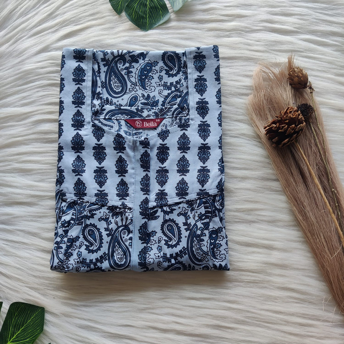 Pale And Dark Blue Kalamkari Printed Premium Cotton Square Neck Pleated Nighty | Free Size | Chest Width 44″| Length 55″-56″