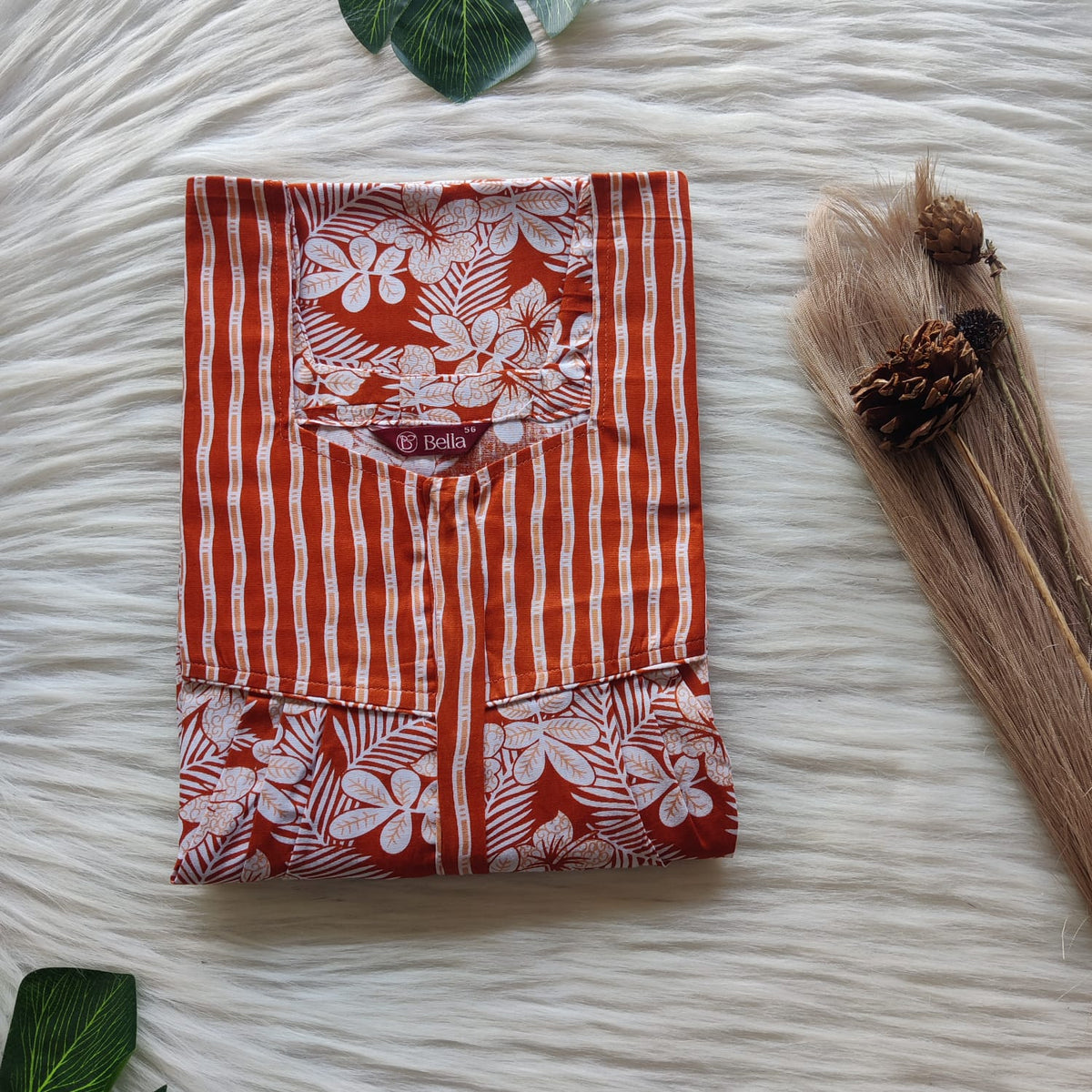 Brown And White Floral Printed Premium Cotton Square Neck Pleated Nighty | Free Size | Chest Width 44″| Length 55″-56″