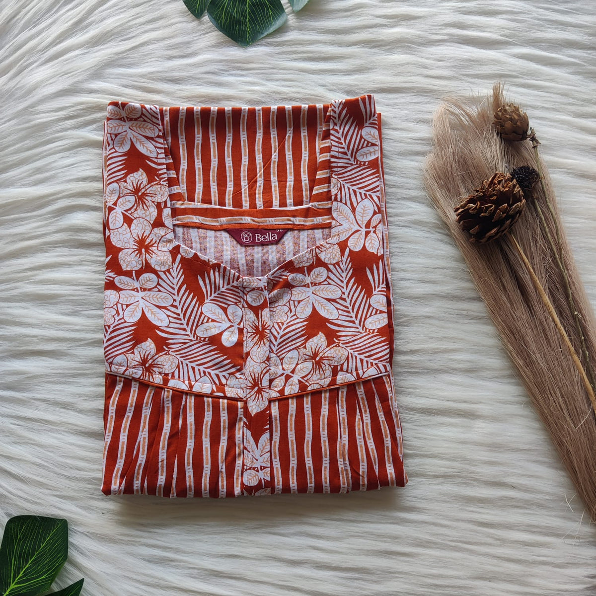 White And Brown Stripes Printed Premium Cotton Square Neck Pleated Nighty | Free Size | Chest Width 44″| Length 55″-56″
