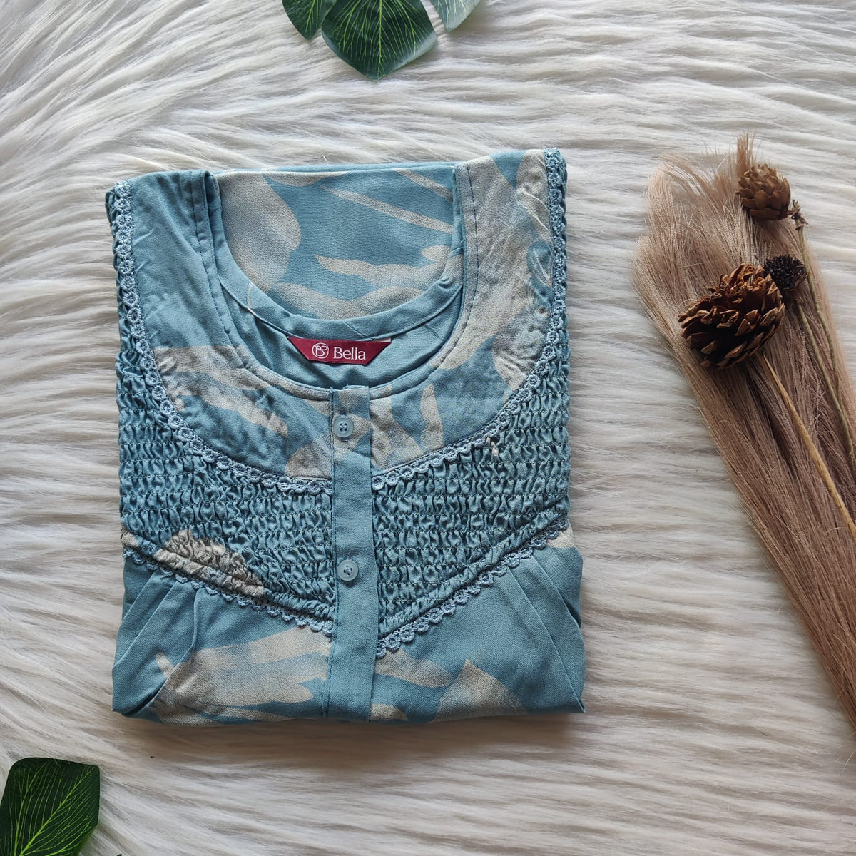 Blue Printed Alfine Double Lace Button Nighty | Free Size | Chest Width 44″| Length 54″-56″