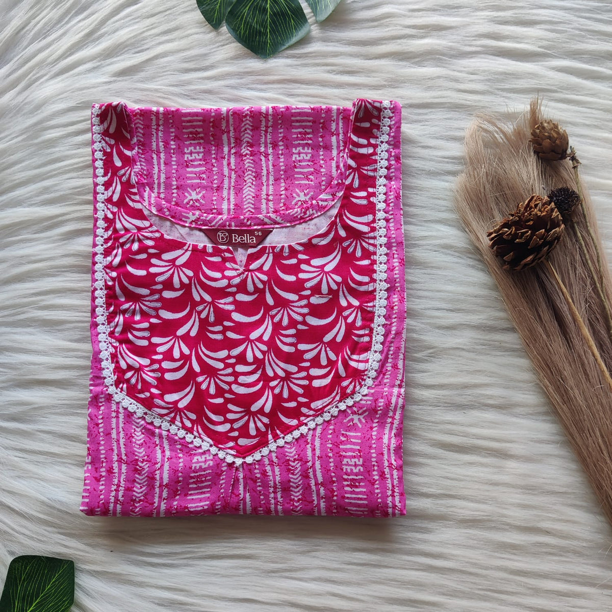 Red And Pink Printed Premium Cotton Mix N Match Lace Pocket Nighty | Free Size | Chest Width 44″| Length 56″