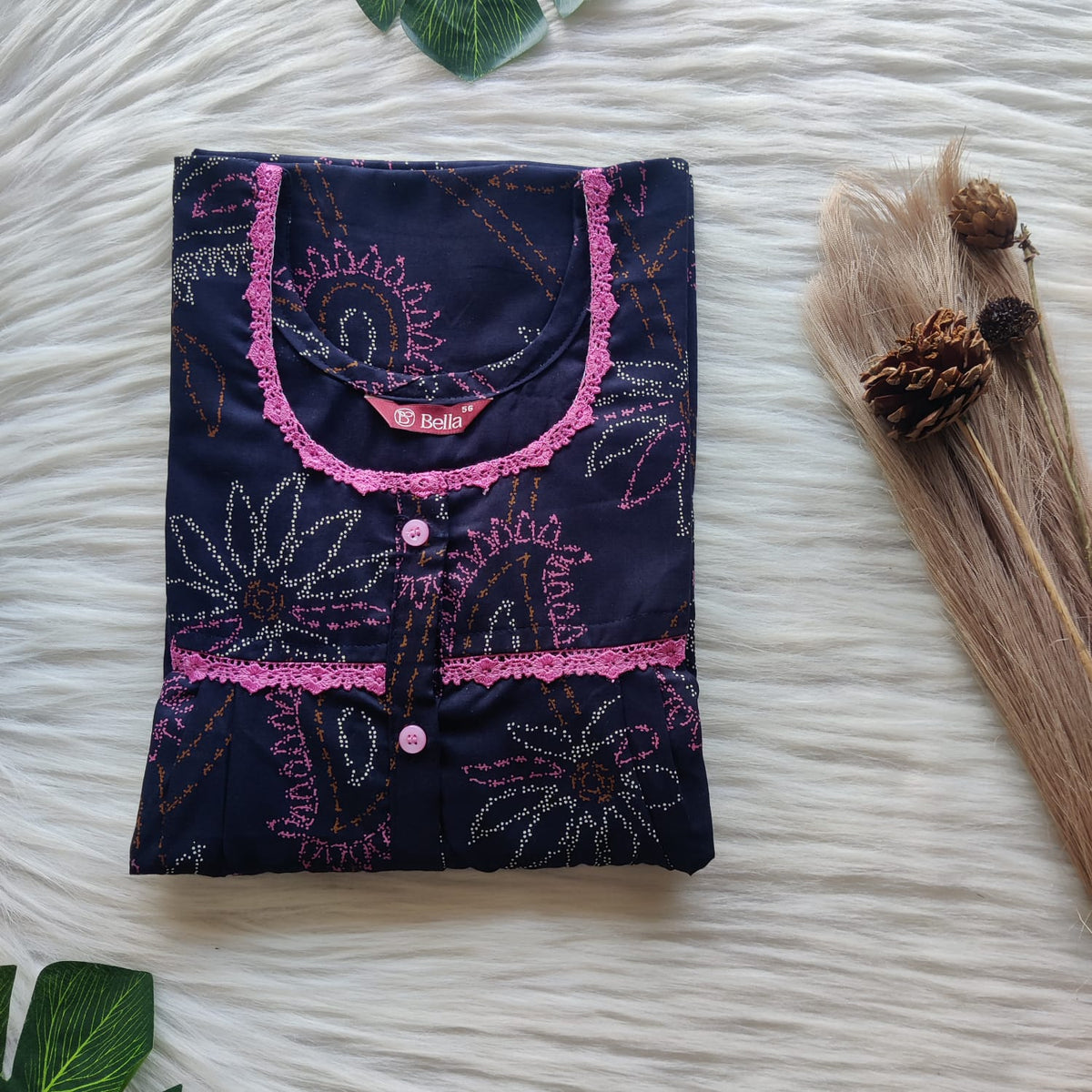 Pink Printed Navy Blue Discharge Cotton Lace Button Nighty | Free Size | Chest Width 44"| Length 54"-56"