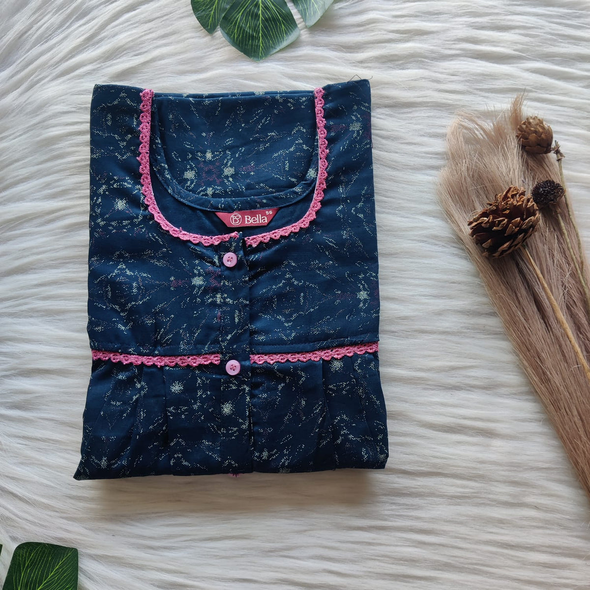 Teal Green Printed Discharge Cotton Lace Button Nighty | Free Size | Chest Width 44"| Length 54"-56"