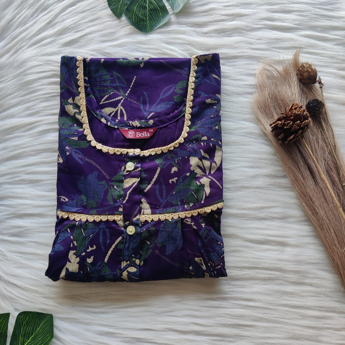 Blue Floral Printed Purple Discharge Cotton Lace Button Nighty | Free Size | Chest Width 44"| Length 54"-56"