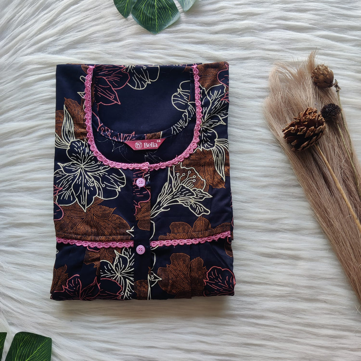 Cream Floral Printed Navy Blue Discharge Cotton Lace Button Nighty | Free Size | Chest Width 44"| Length 54"-56"