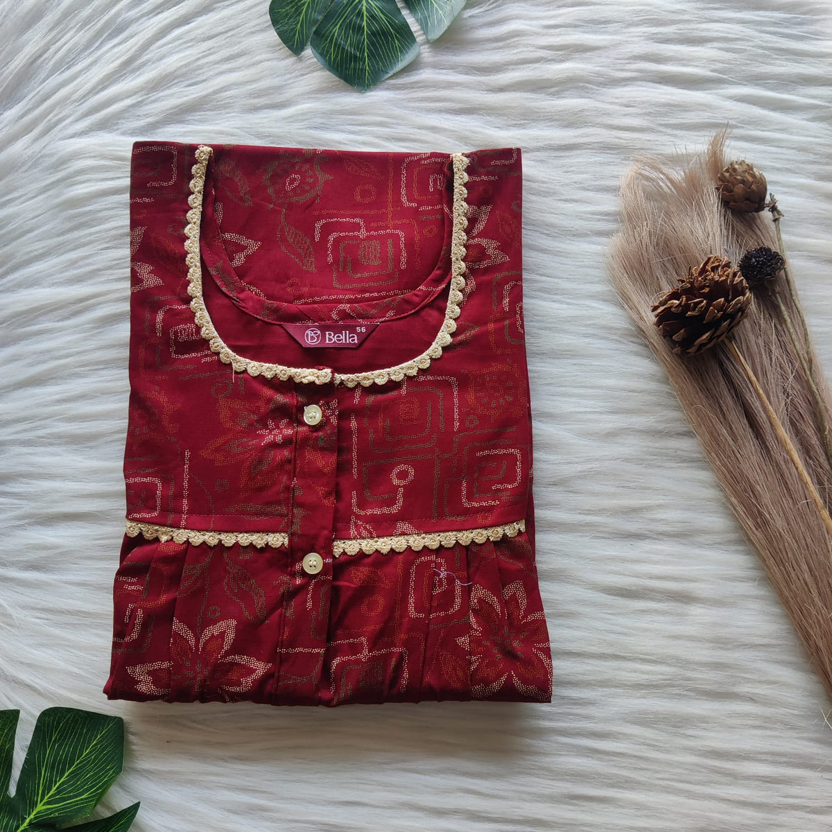 Maroon Printed Discharge Cotton Lace Button Nighty | Free Size | Chest Width 44"| Length 54"-56"