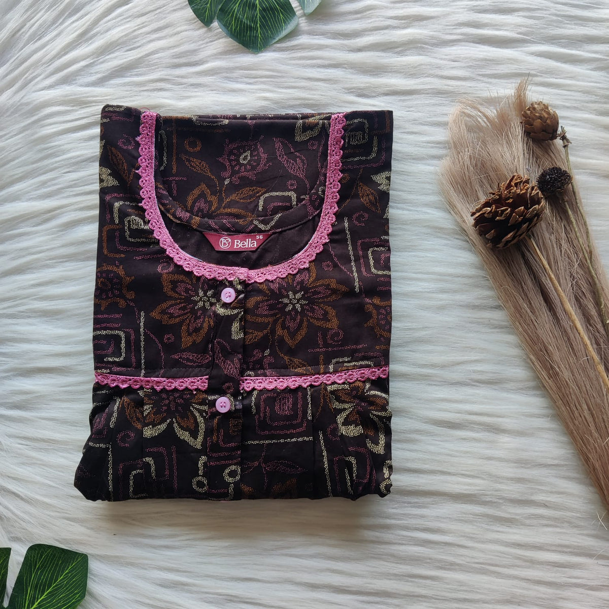 Coffee Brown Floral Printed Discharge Cotton Lace Button Nighty | Free Size | Chest Width 44"| Length 54"-56"