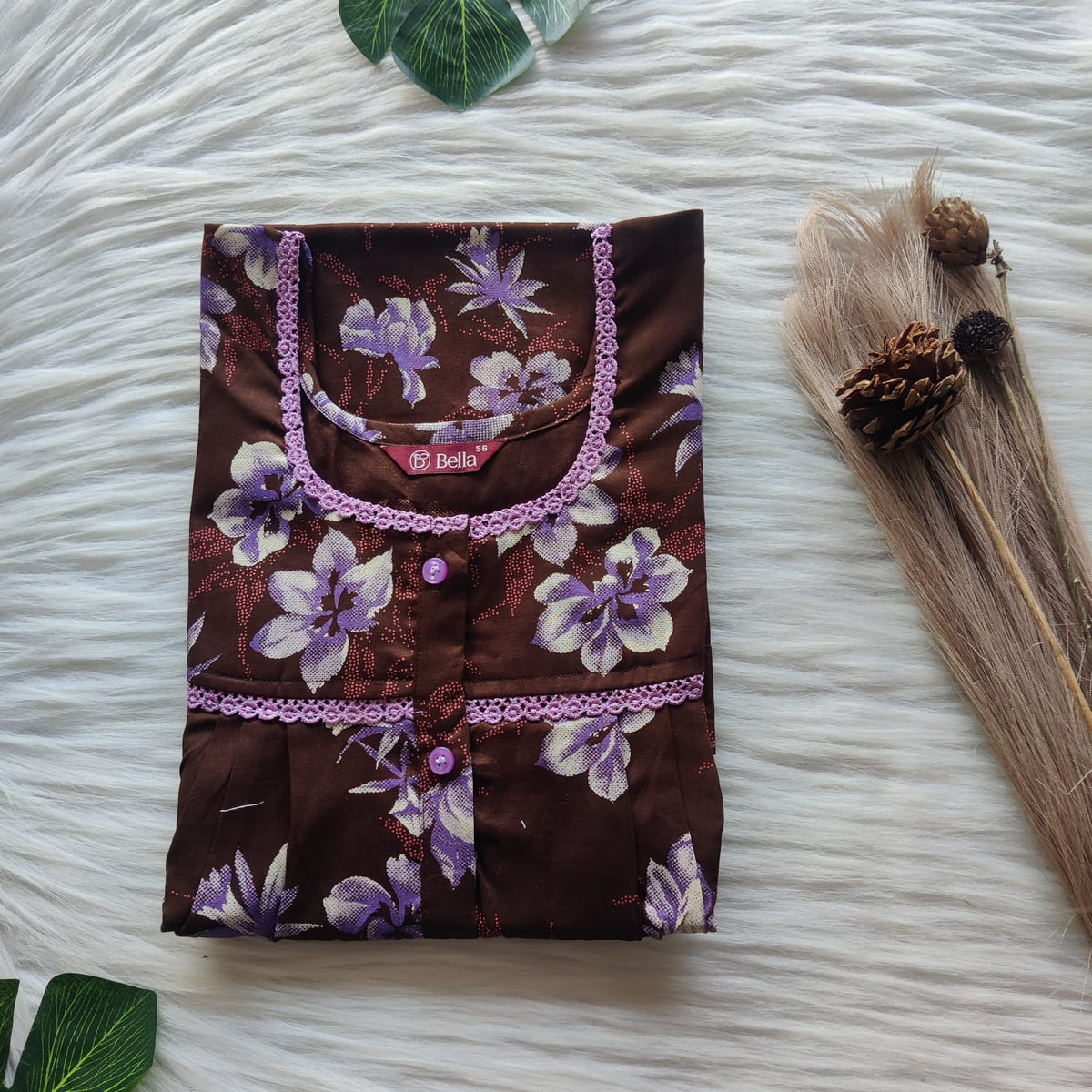 Purple Floral Printed Brown Discharge Cotton Lace Button Nighty | Free Size | Chest Width 44"| Length 54"-56"