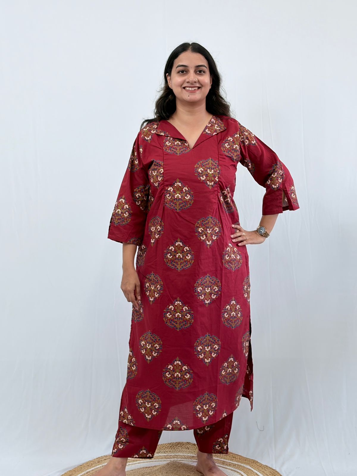 Maroon Floral Printed Cambric Cotton Feeding Co ord Set| Palazzo Pant | Free Size