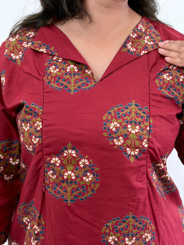 Maroon Floral Printed Cambric Cotton Feeding Co ord Set| Palazzo Pant | Free Size