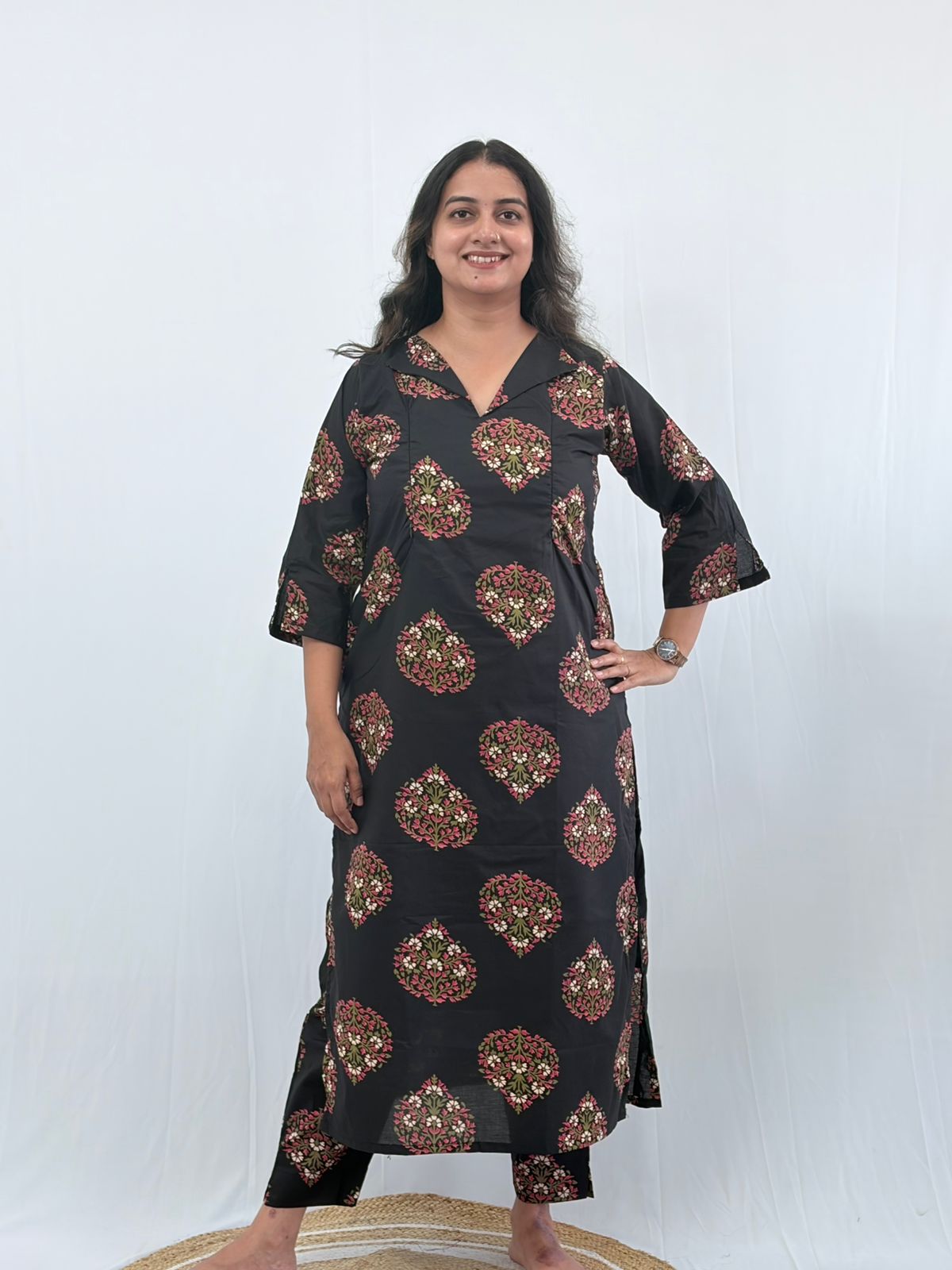 Black Floral Printed Cambric Cotton Feeding Co ord Set| Palazzo Pant | Free Size