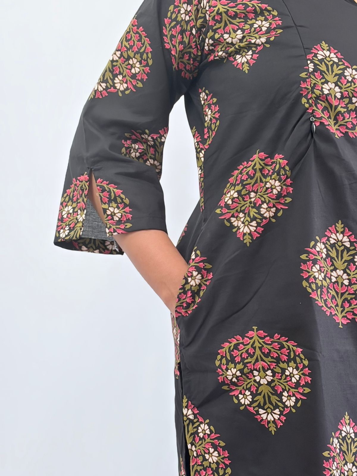 Black Floral Printed Cambric Cotton Feeding Co ord Set| Palazzo Pant | Free Size