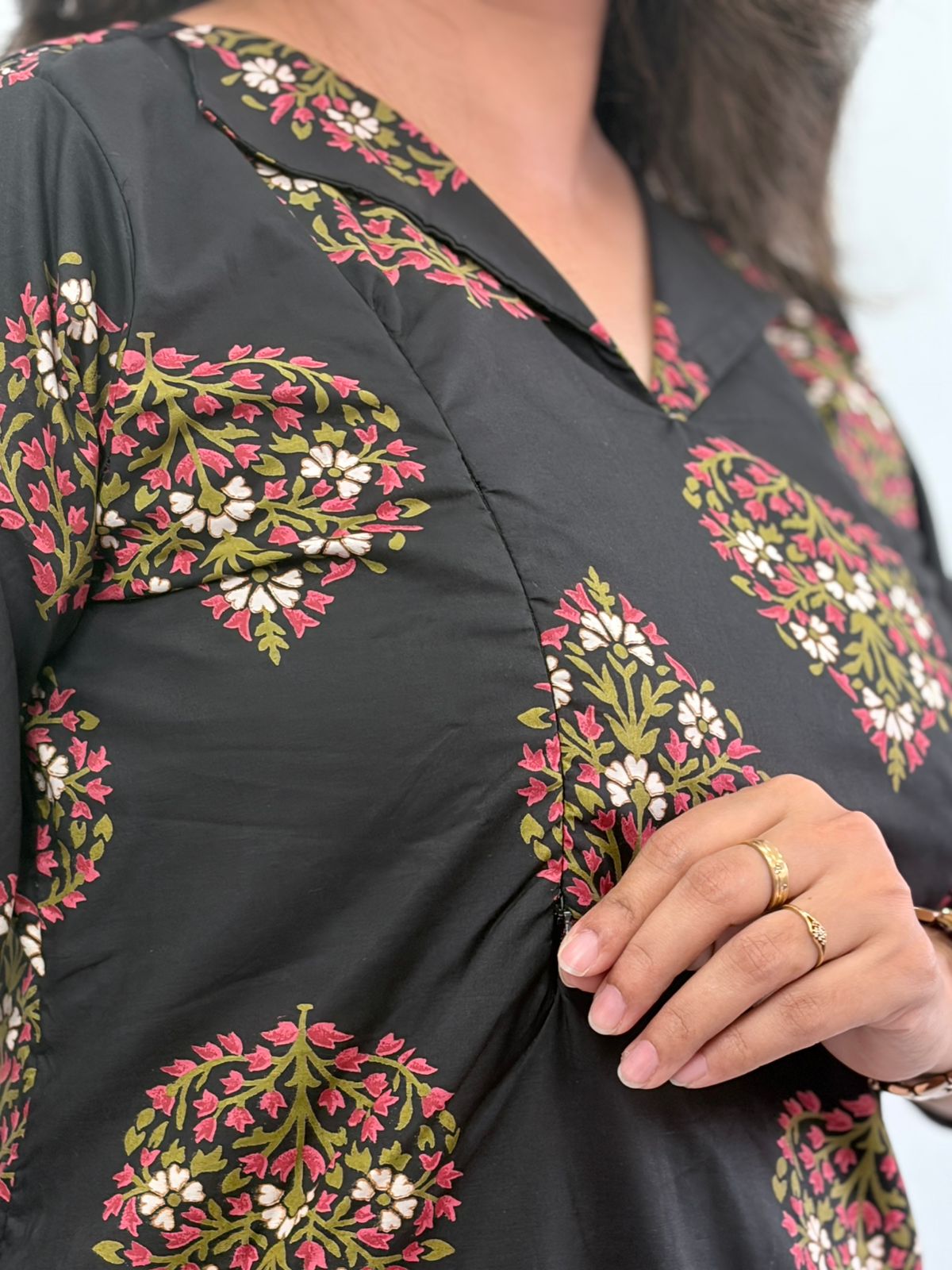 Black Floral Printed Cambric Cotton Feeding Co ord Set| Palazzo Pant | Free Size