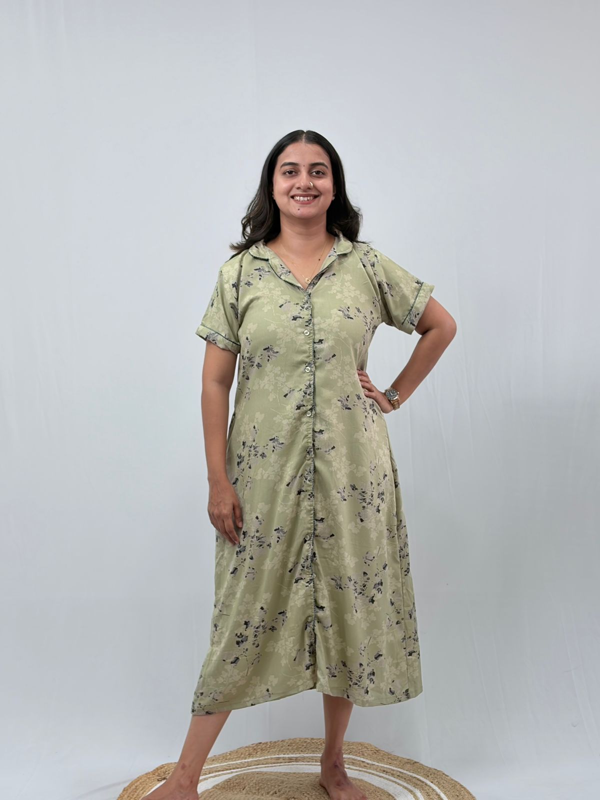 Pastel Green Floral Printed Alpine Full Open Long Polo Shirt Dress | Side Pocket | Free Size | Chest Width 44″| Length 44″