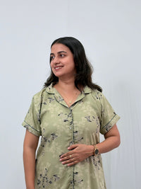 Pastel Green Floral Printed Alpine Full Open Long Polo Shirt Dress | Side Pocket | Free Size | Chest Width 44″| Length 44″