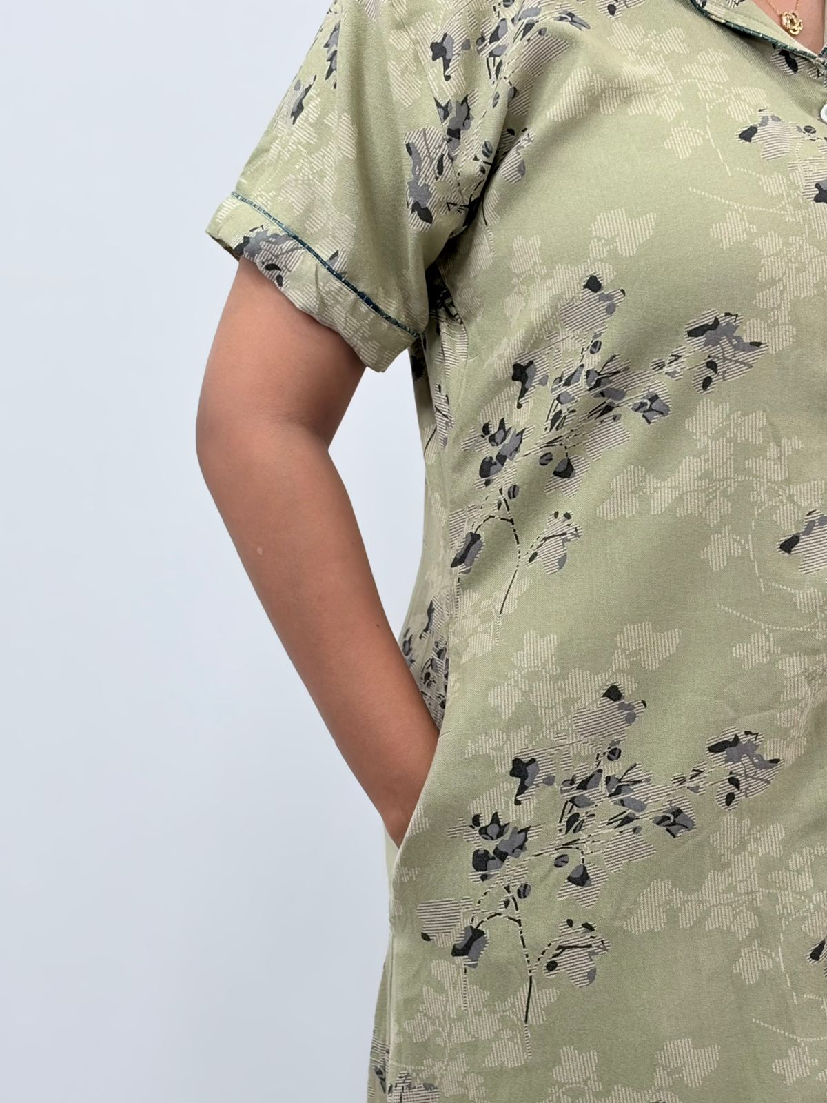 Pastel Green Floral Printed Alpine Full Open Long Polo Shirt Dress | Side Pocket | Free Size | Chest Width 44″| Length 44″