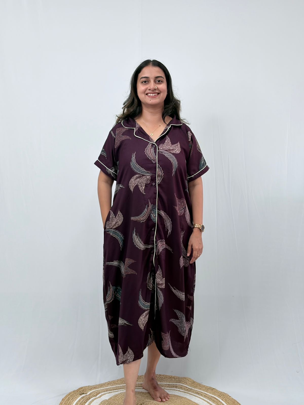 Wine Printed Alpine Full Open Long Polo Shirt Dress | Side Pocket | Free Size | Chest Width 44″| Length 44″