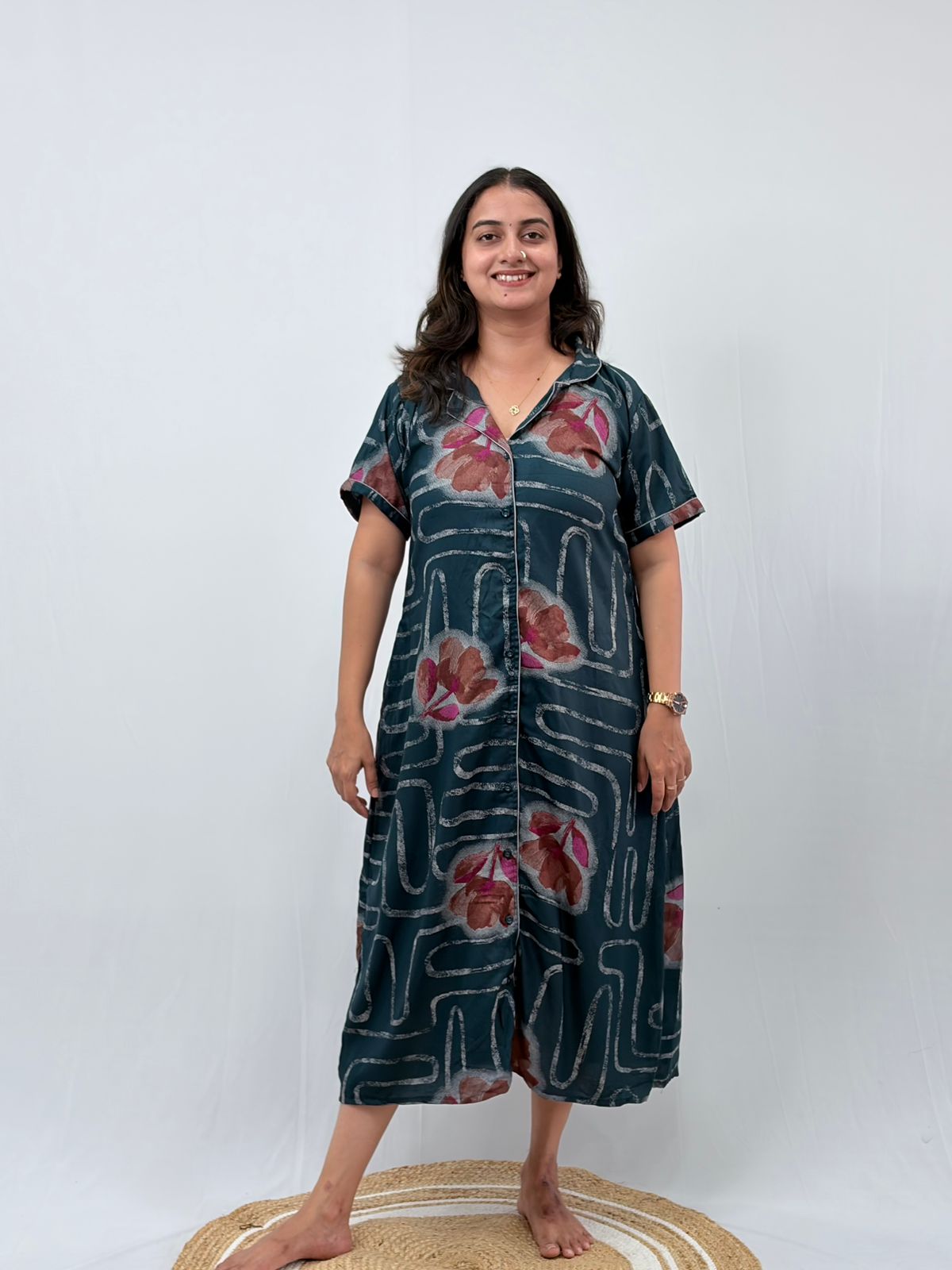 Teal Green Floral Printed Alpine Full Open Long Polo Shirt Dress | Side Pocket | Free Size | Chest Width 44″| Length 44″
