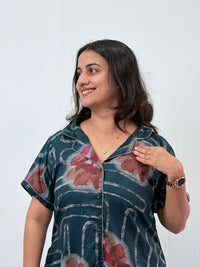 Teal Green Floral Printed Alpine Full Open Long Polo Shirt Dress | Side Pocket | Free Size | Chest Width 44″| Length 44″