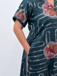 Teal Green Floral Printed Alpine Full Open Long Polo Shirt Dress | Side Pocket | Free Size | Chest Width 44″| Length 44″