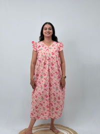Pastel Peach Floral Hakoba V- Neck Ruffle Sleeve Long Zip Short Maternity Gown | Free Size | Chest Width 44″| Length 44″