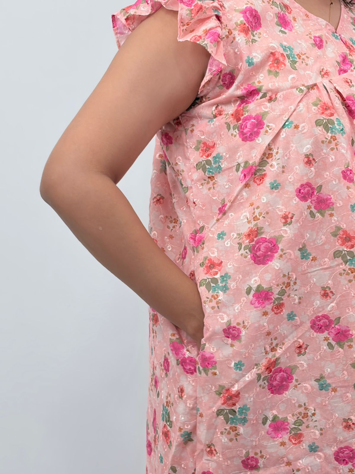 Pastel Peach Floral Hakoba V- Neck Ruffle Sleeve Long Zip Short Maternity Gown | Free Size | Chest Width 44″| Length 44″