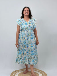 Blue Floral Printed Hakoba Ruffle Sleeve Short Maternity Gown | Free Size | Chest Width 44″| Length 44″