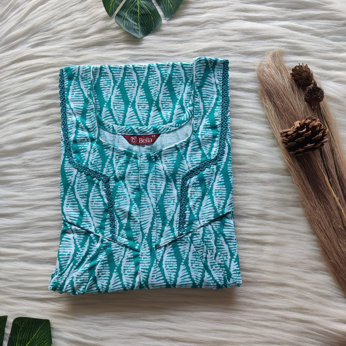 Aqua Green Printed Premium Cotton Long Zip Lace Feeding Nighty | Free Size | Chest Width 44″| Length 56″