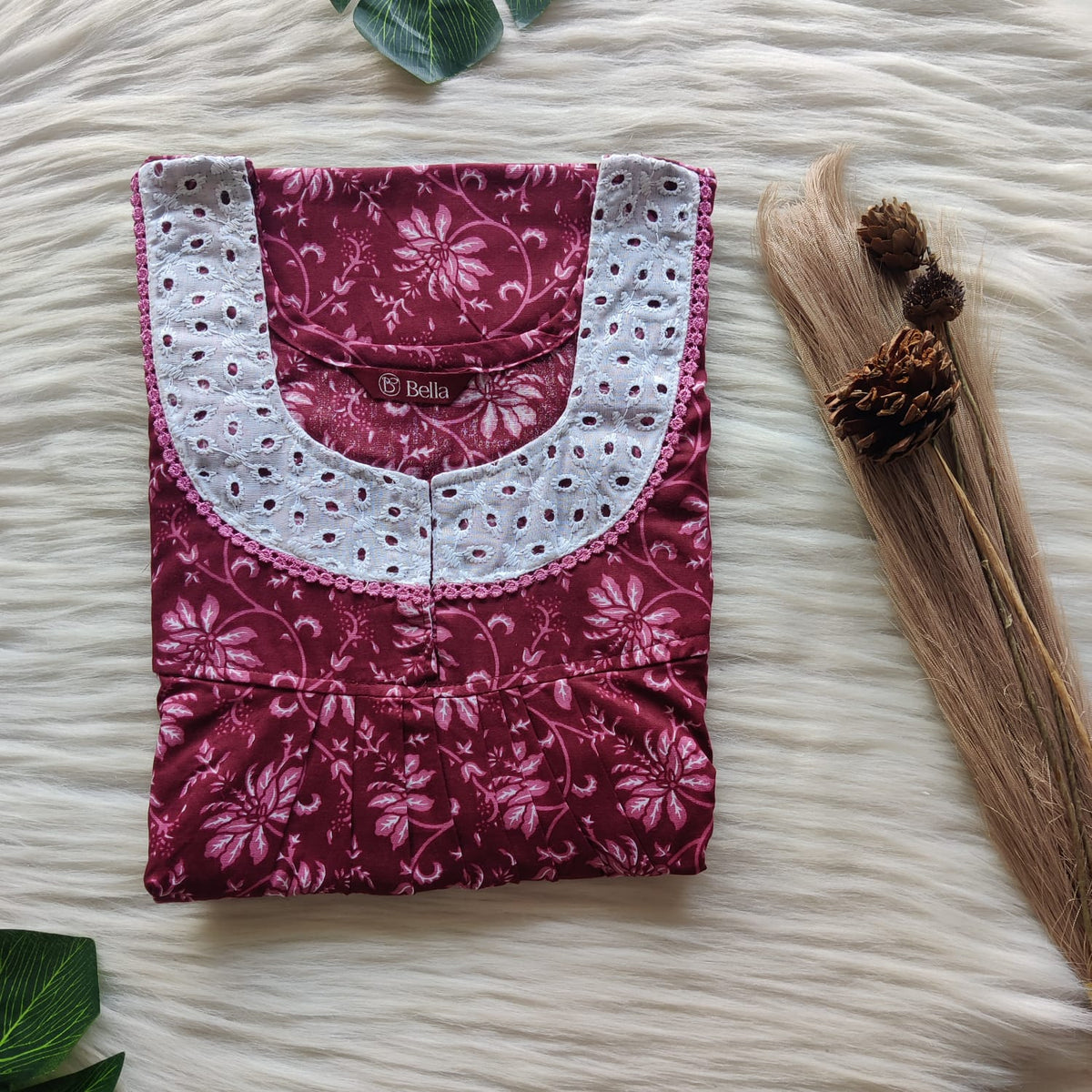 Maroon Floral Printed Premium Cotton Hakoba Lace Nighty | Free Size | Chest Width 44″| Length 54″-56″