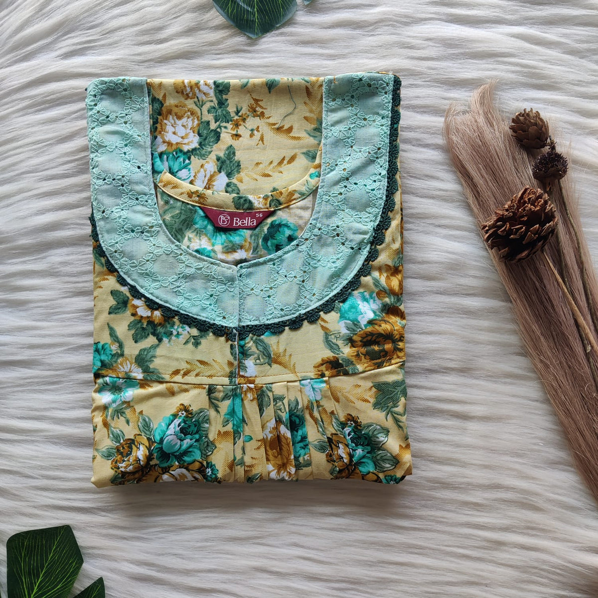 Pale Yellow And Green Floral Printed Premium Cotton Hakoba Lace Nighty | Free Size | Chest Width 44″| Length 54″-56″