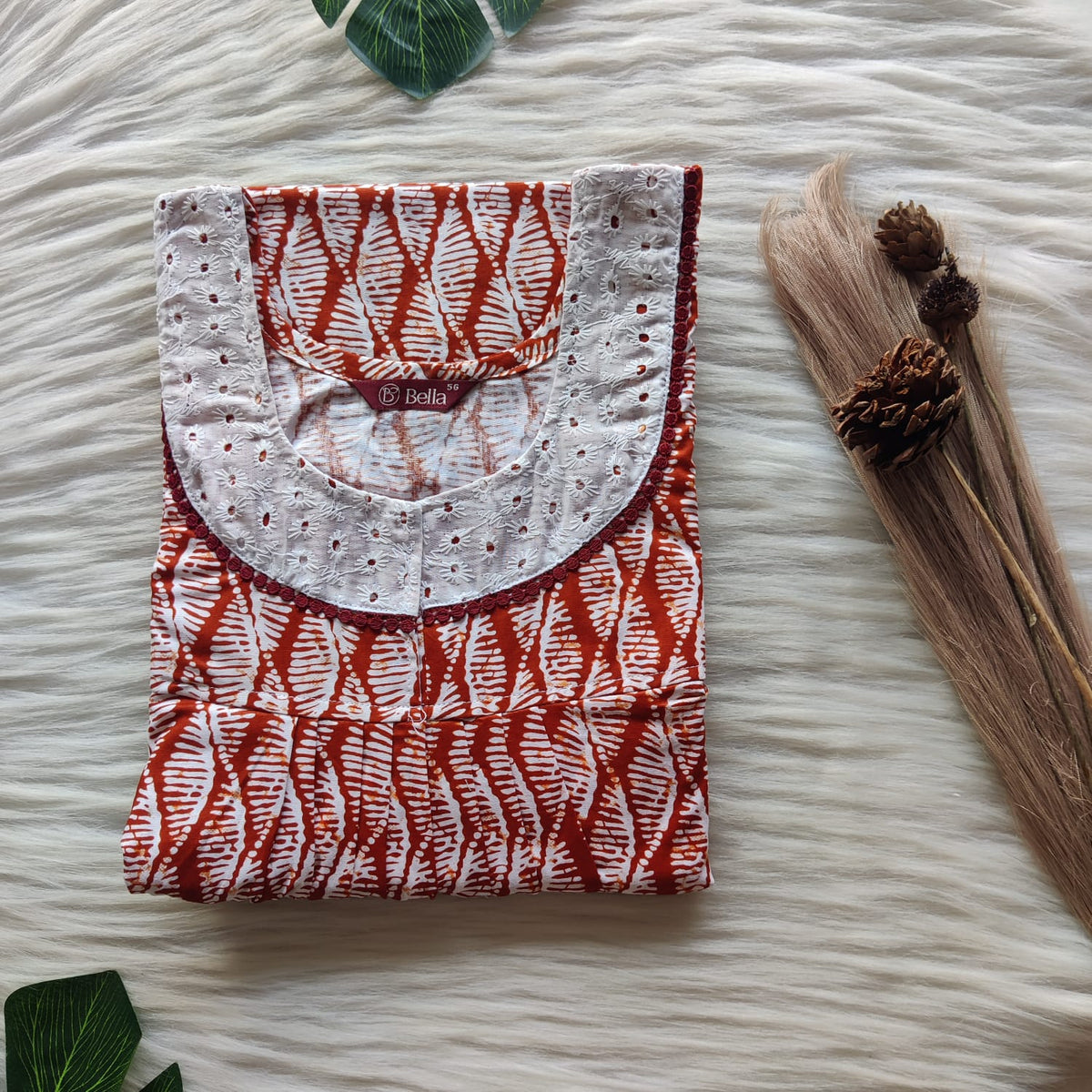 Brown Printed Premium Cotton Hakoba Lace Nighty | Free Size | Chest Width 44″| Length 54″-56″