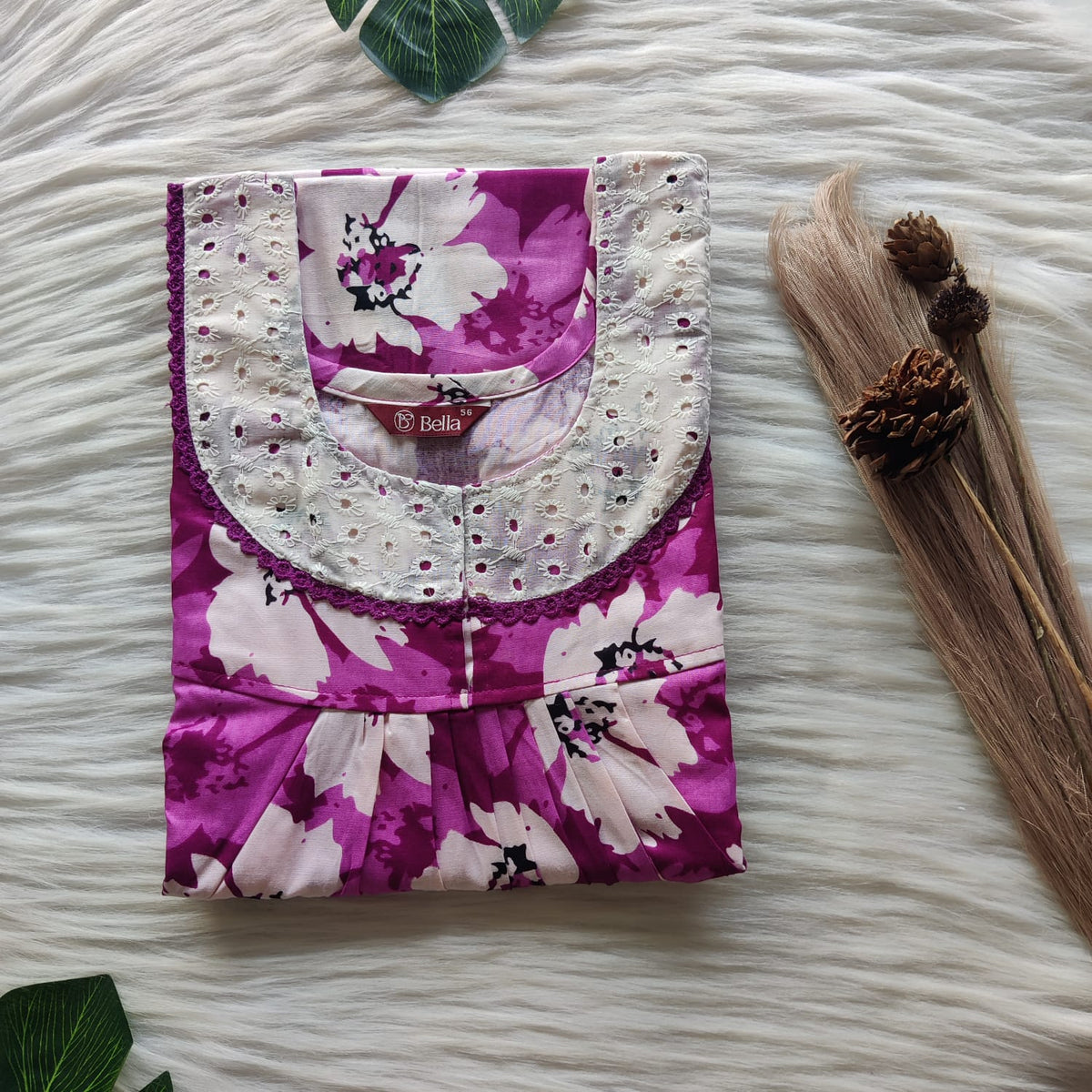 White Printed Purple Premium Cotton Hakoba Lace Nighty | Free Size | Chest Width 44″| Length 54″-56″