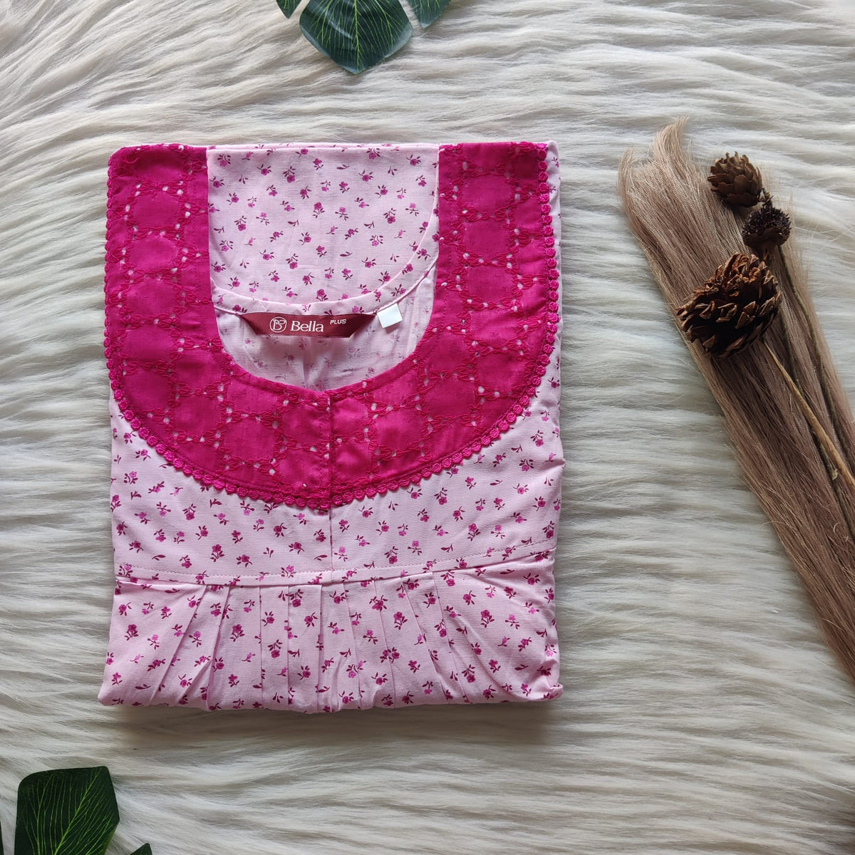 Pink Floral Printed Pure Cotton Hakoba Lace Nighty | Free Size | Chest Width 44″| Length 54″-56″