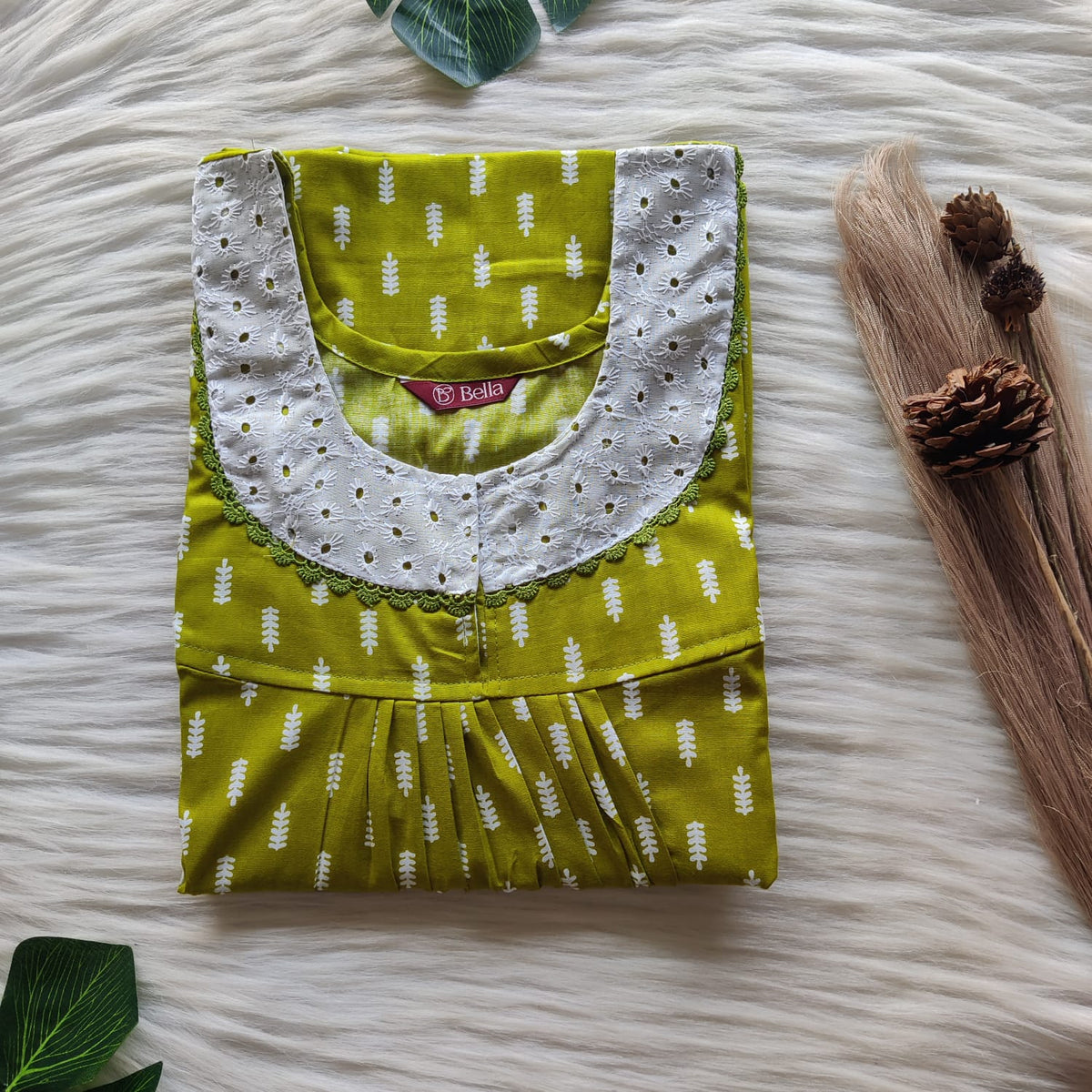 Pista Green Premium Cotton Hakoba Lace Nighty | Free Size | Chest Width 44″| Length 54″-56″