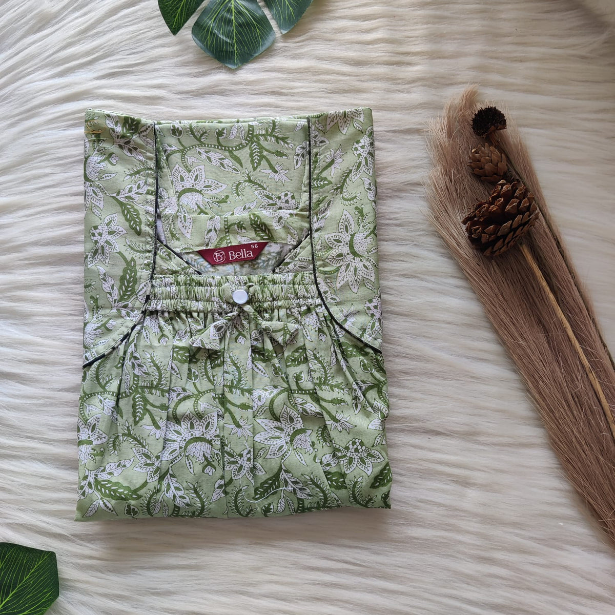 Pastel Green Printed Premium Cotton Front Elastic Pleated Nighty | Free Size | Chest Width 44″| Length 56″
