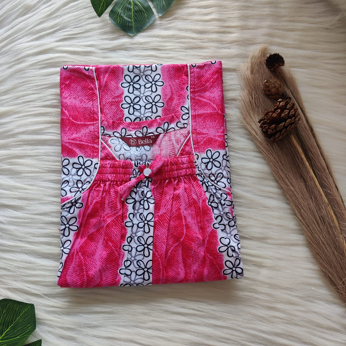 Pink And White Floral Printed Premium Cotton Front Elastic Pleated Nighty | Free Size | Chest Width 44″| Length 56″