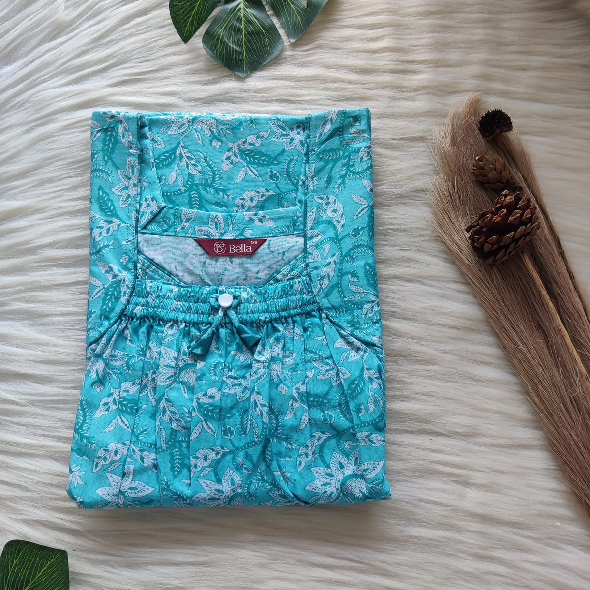 Aqua Blue Floral Printed Premium Cotton Front Elastic Pleated Nighty | Free Size | Chest Width 44″| Length 56″