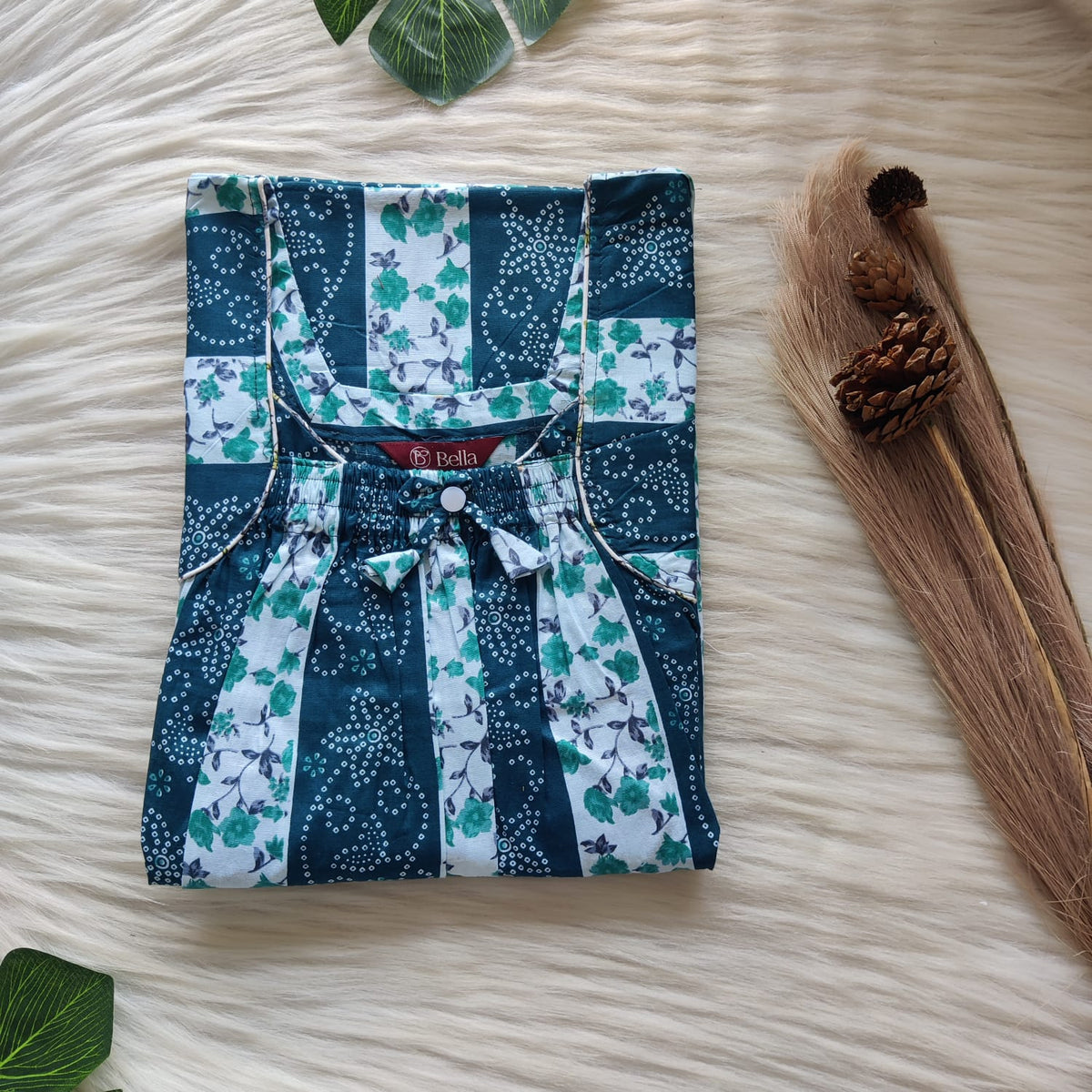 Dark And Pale Blue Floral Printed Premium Cotton Front Elastic Pleated Nighty | Free Size | Chest Width 44″| Length 56″
