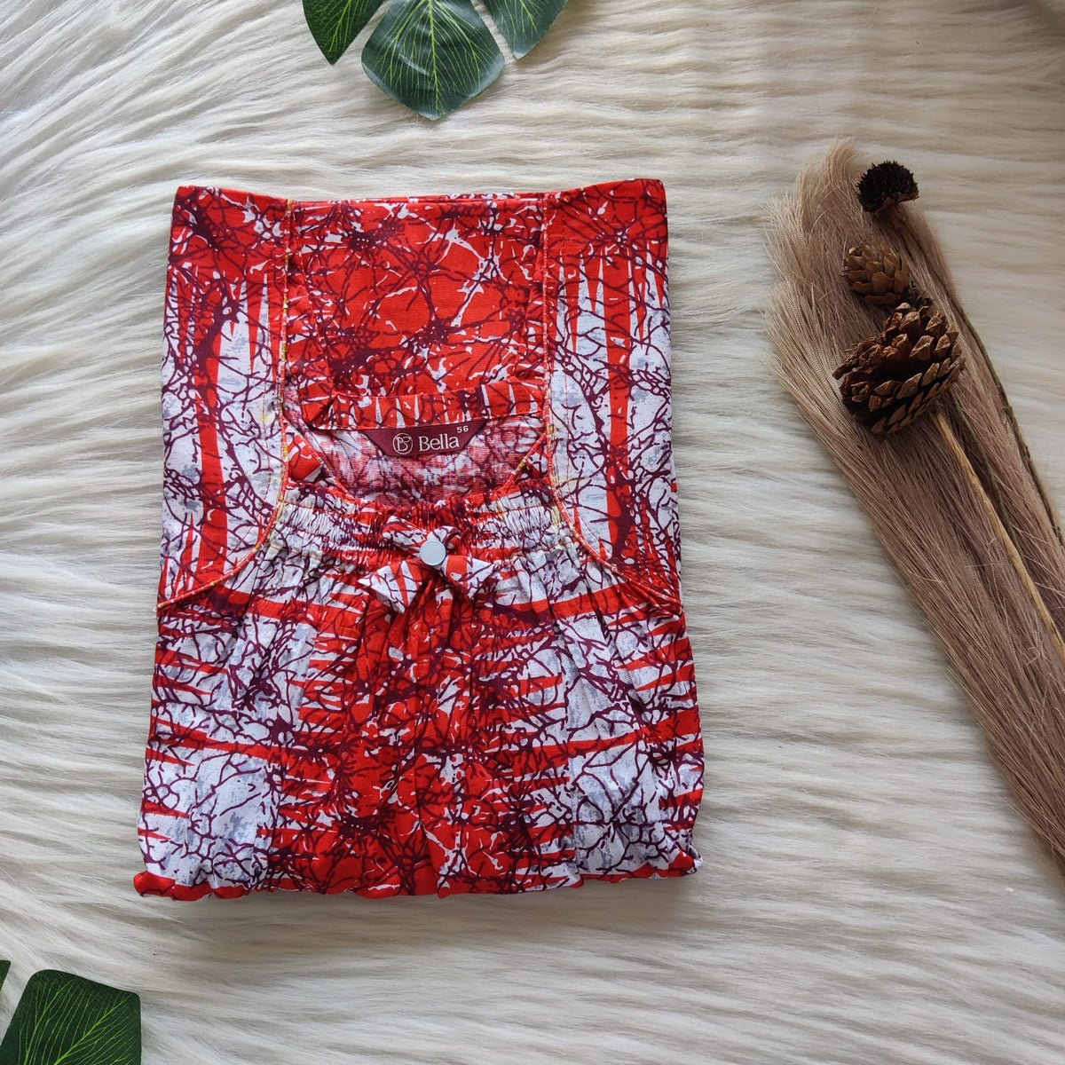 Red Printed Premium Cotton Front Elastic Pleated Nighty | Free Size | Chest Width 44″| Length 56″