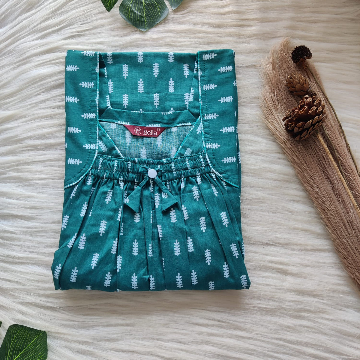Green Printed Premium Cotton Front Elastic Pleated Nighty | Free Size | Chest Width 44″| Length 56″